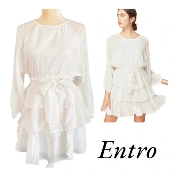 Entro | Elizabeth‎ Tiered Puff Bubble Sleeve Dress White Layered Bohemian Small - Picture 1 of 12